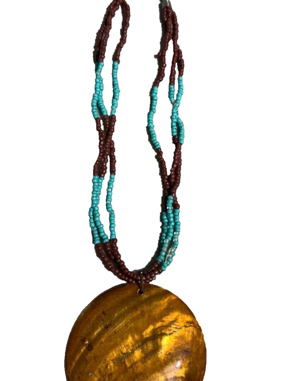 VTG Blu & Brn Turquoise Multi Strand Necklace w Lg Mother of Pearl Medalion